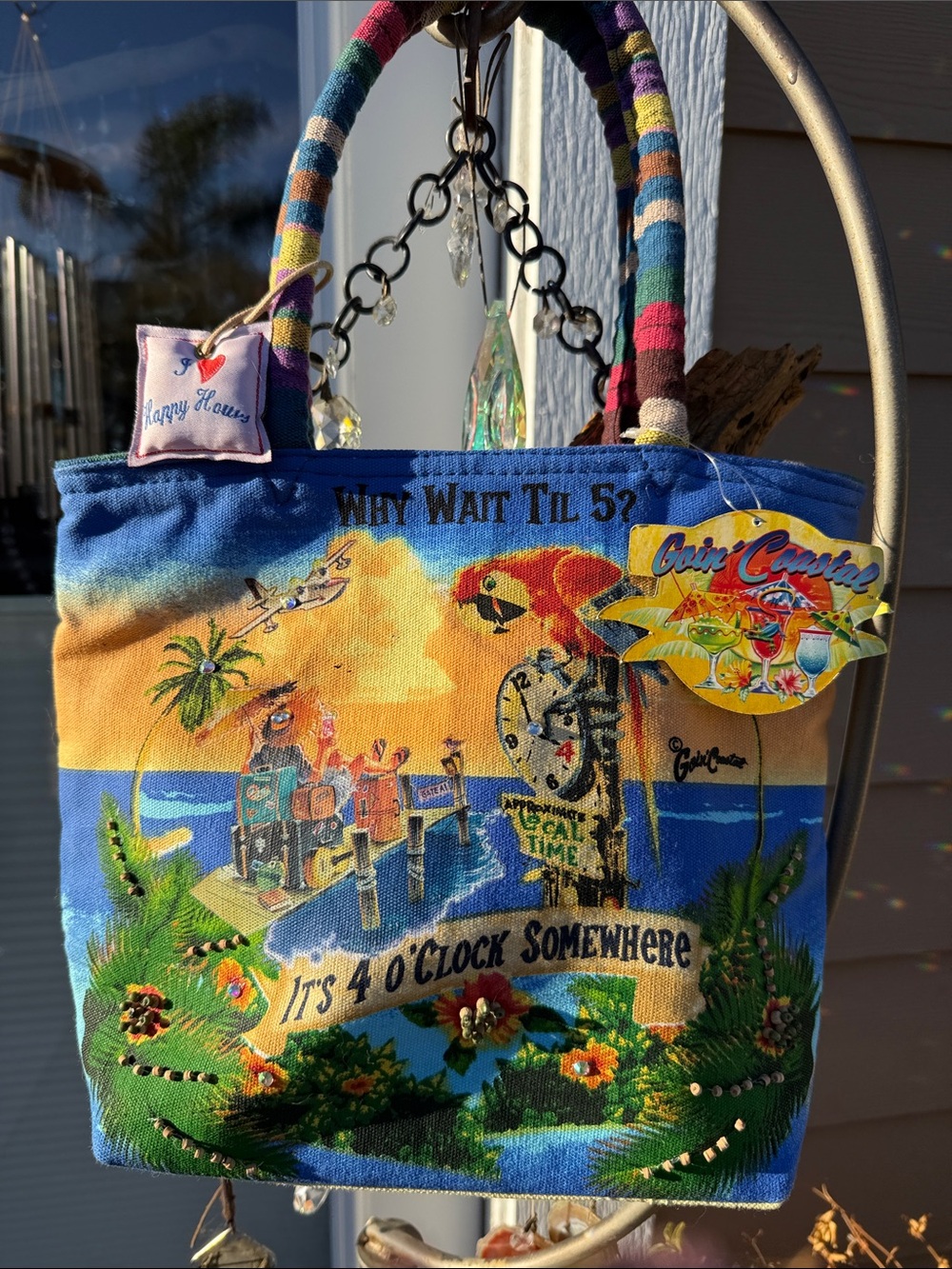 Happy Hour NewTropical Print Tote Bag - Multicolor w Swarovski stones wd beads